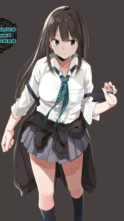 Schoolgirl with uniform and tied jacket around waist, looking with slightly annoyed expression