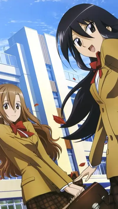 Schoolgirls in uniform holding briefcase, standing outside of a school building