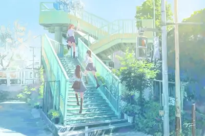 Schoolgirls walking up stairs under a skyway