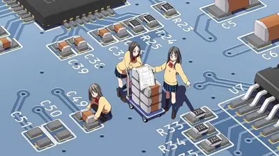 Schoolgirls working on a circuit board