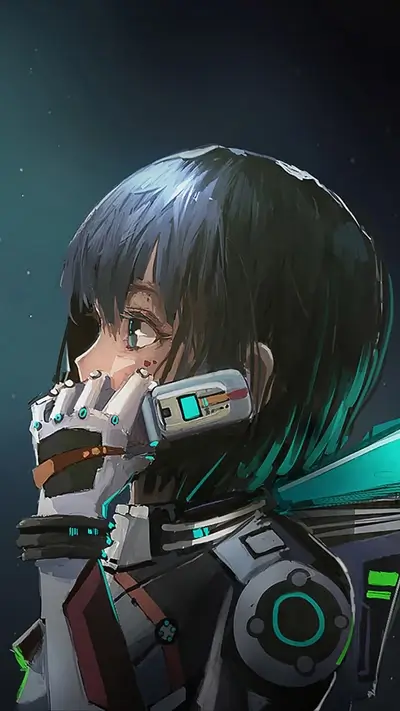 Sci-fi girl gazes upward, wearing futuristic gear