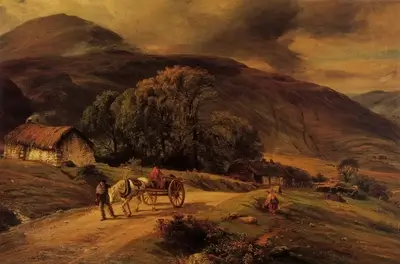 Scottish Highlands landscape with people and cart