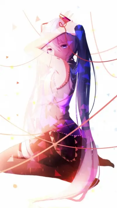 Seated anime girl, geometric shapes surround, light and airy