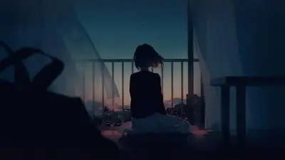 Seated figure on balcony overlooking city at night, gazing at the sky