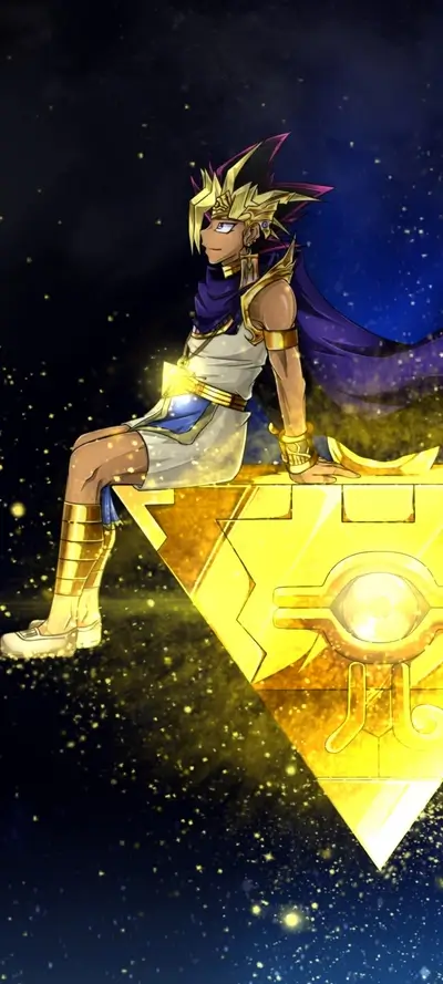 Seated Pharaoh Yami, majestic and regal with glowing background