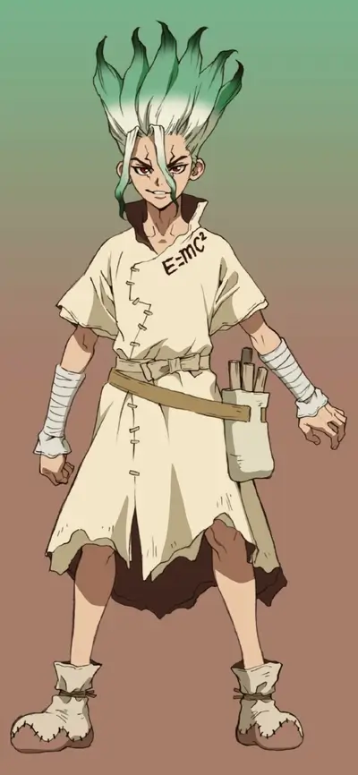 Senku character from Dr. Stone, green spiky hair, wearing science garb