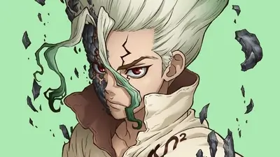 Senku Ishigami breaking out of petrification against a green background