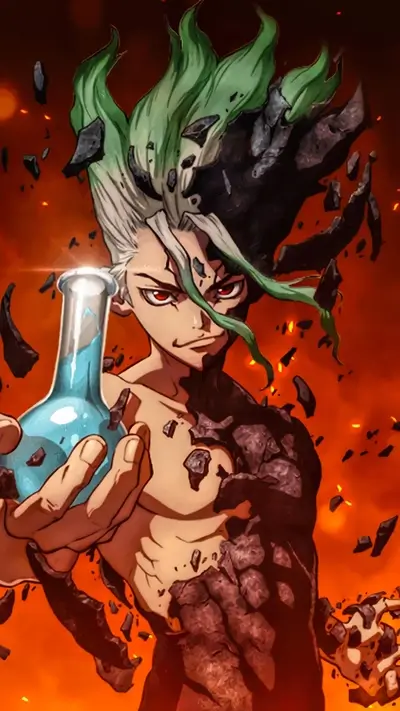 Senku Ishigami, Dr. Stone character, in a fiery background