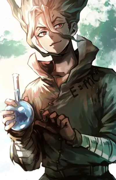 Senku Ishigami holding a glass flask under bright sunlight