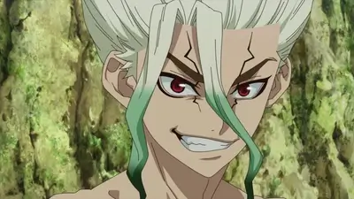 Senku Ishigami smirking confidently with stone background