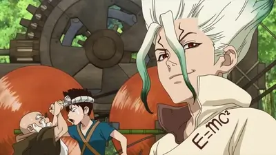 Senku Ishigami smirking with Chrome and Kaseki working in background
