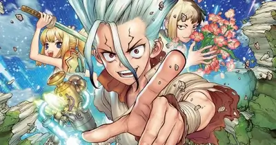 Senku pointing, Kohaku with sword, Chrome holding flowers, floating debris