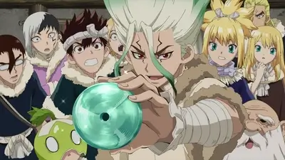 Senku showing a shiny disc to curious villagers with amazed expressions