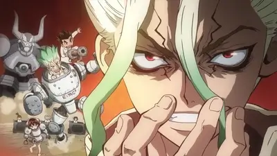 Senku with mischievous grin, science kingdom members and inventions