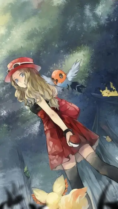 Serena with Pokémon in a whimsical forest setting