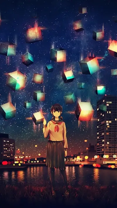 Serene anime girl watches floating cubes above city lights reflection