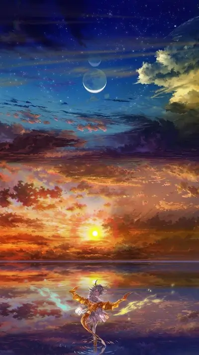 Serene celestial encounter: Figure stands in water, moon and sun illuminate sky.