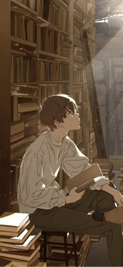 Serene contemplation amidst towering shelves of books bathed in soft, filtered light