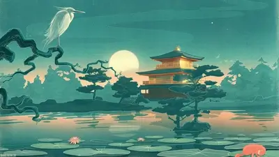 Serene moonlit scene, Japanese temple, bird, and lotus flowers