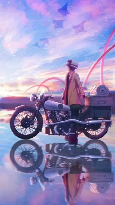 Serene scene: traveler, motorcycle, and fantastical pink sky with floating manta rays