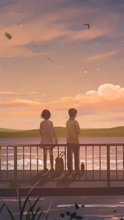 Serene scene, two figures contemplating beside water at dusk