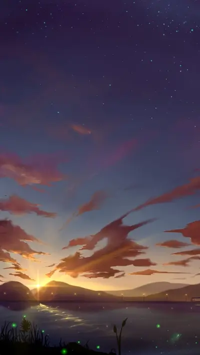 Serene sunset scene with shimmering water and mystical fireflies