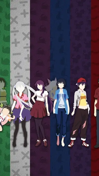 Series of Monogatari characters standing in a row, each with a different colored backdrop.