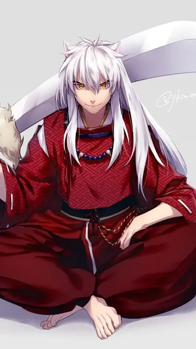 Sesshomaru in a red kimono, holding a sword