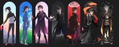 Seven character variations in different outfits, each standing in their individual scenes.
