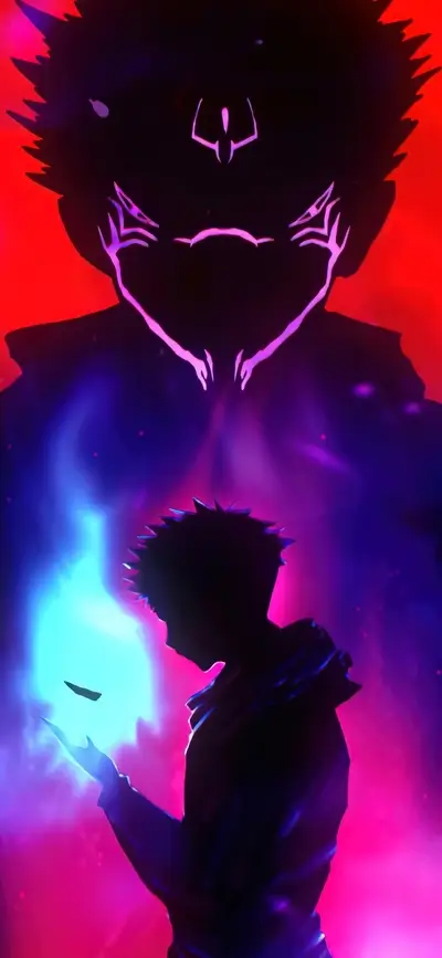 Shadowy figures with bright lights, ominous presence looming above