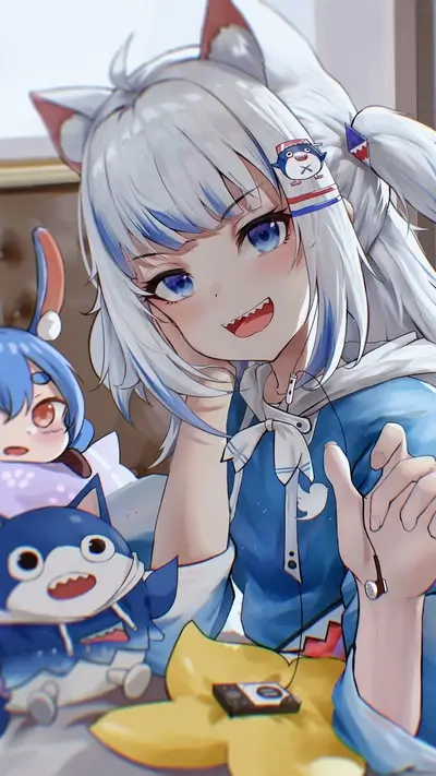Shark girl playing music with toys, wearing cat ears
