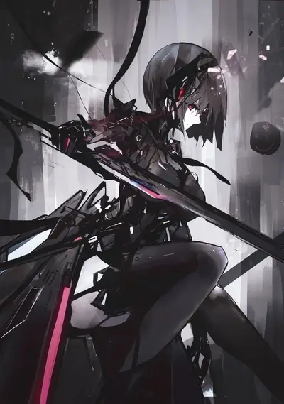 Sharp, angular design of anime character in dark colors and red highlights.