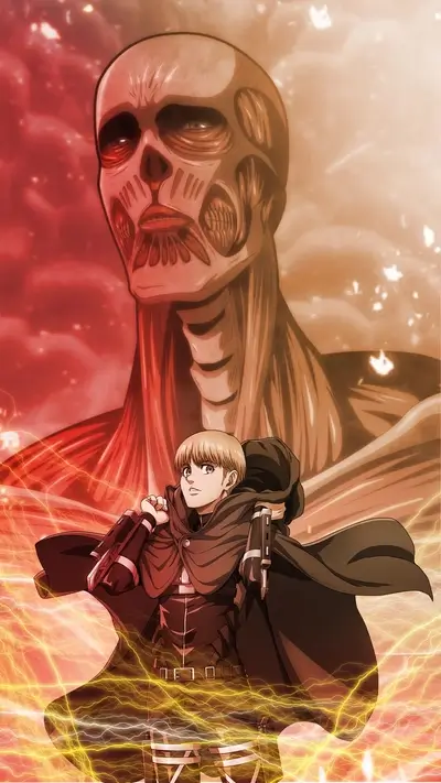 Shingeki no Kyojin character standing before Colossus Titan