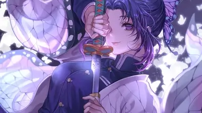 Shinobu Kocho holding her katana surrounded by glowing white butterflies