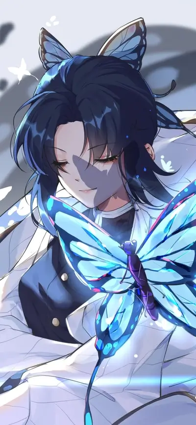 Shinobu Kocho with butterfly resting delicately, close-up, serene expression