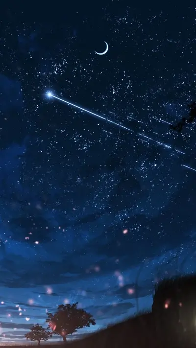 Shooting stars streak across a night sky