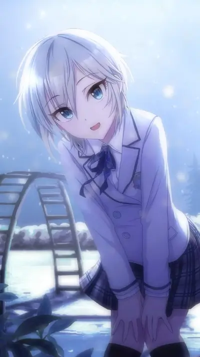 Short haired schoolgirl, looking at viewer, smiling, with ladder playground equipment in a snowy background