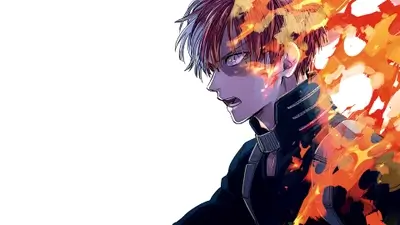Shoto Todoroki engulfed in intense flames with a sharp expression