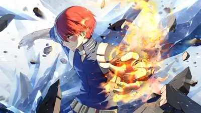 Shoto Todoroki unleashing fire and ice in battle