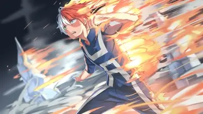 Shoto Todoroki unleashing powerful fire abilities in dynamic battle action
