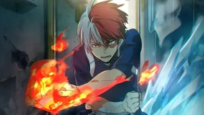 Shoto Todoroki using fire and ice abilities in battle