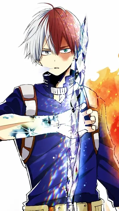 Shoto Todoroki wielding ice and fire, striking heroic pose, vibrant color