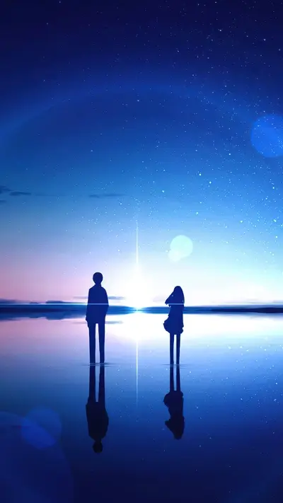 Silhouette couple gazing at a starry sky reflected in a calm lake
