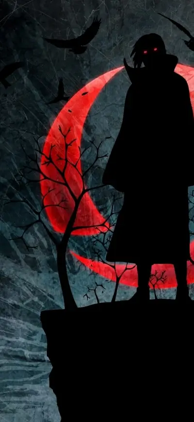 Silhouette figure standing on cliff against moon backdrop