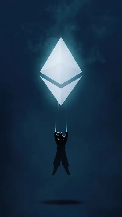 Silhouette figure suspended by Ethereum symbol