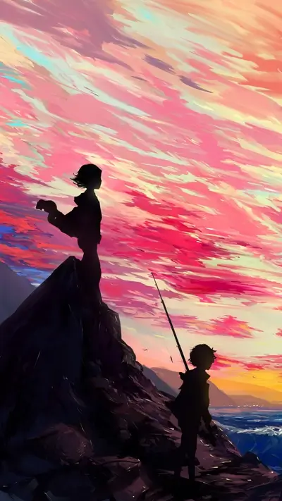 Silhouette figures on a cliff overlooking the ocean at sunset