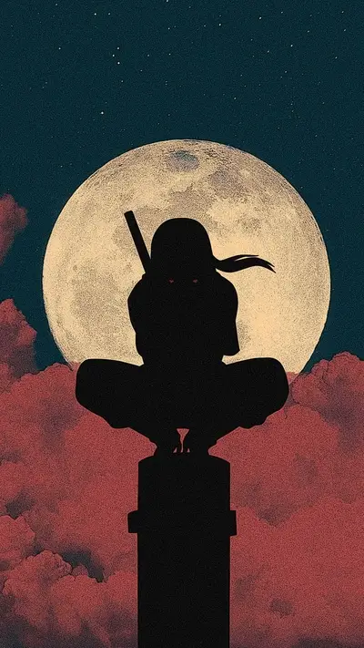 Silhouette of a character sitting on a pillar with a moon and cloudy sky