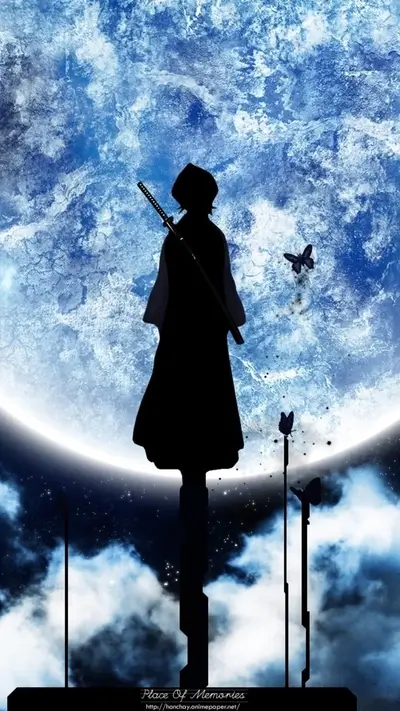 Silhouette of a figure with a katana under a large blue moon