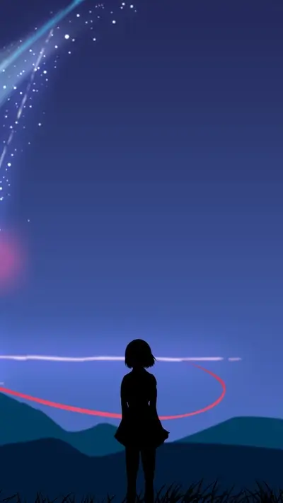 Silhouette of a girl against a night sky with a meteor