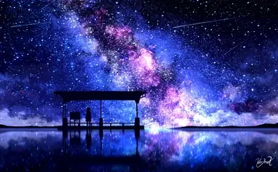 Silhouette of a girl at a pier under a starry night